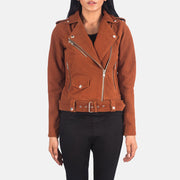 Women's Alison بني Suede جاكيت بايكر جلد نسائي in Brown Goatskin Suede - Front Profile View &amp; Tailored Silhouette | Buy Online