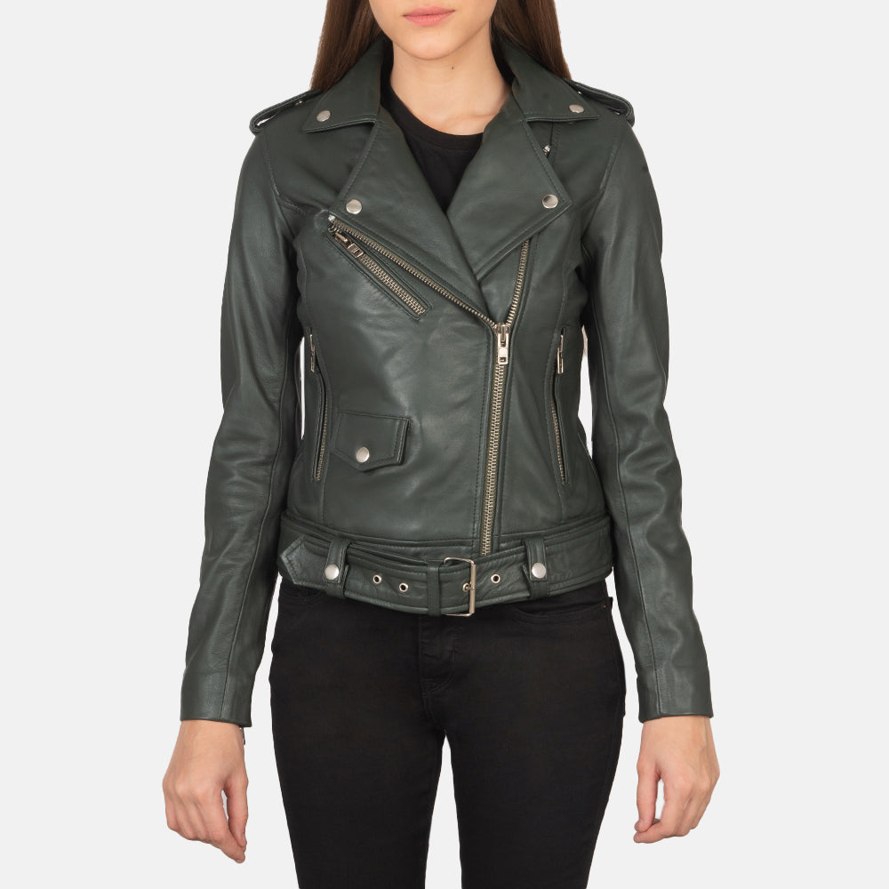 Close-Up Detail of Notch &amp; Zipper Hardware on Women's Alison أخضر جاكيت بايكر جلد نسائي