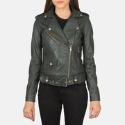 Close-Up Detail of Notch &amp; Zipper Hardware on Women's Alison أخضر جاكيت بايكر جلد نسائي