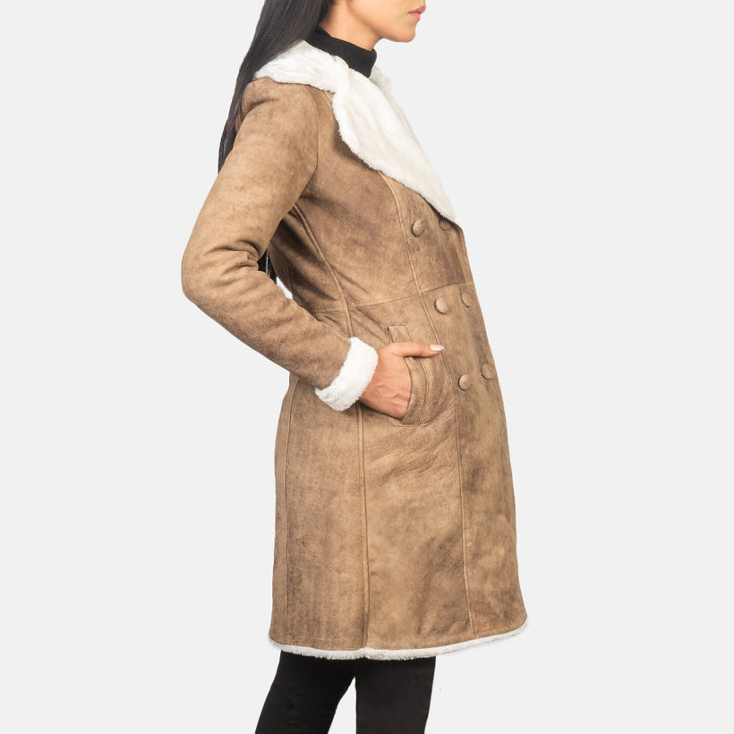 Amie Distressed بني Double-Breasted Shearling معطف جلد نسائي