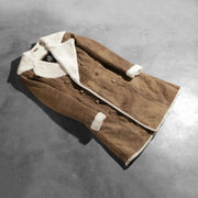 
Open Hem & Hem Craftsmanship Construction Detail on Amie Distressed Brown Double Breasted Shearling Coat