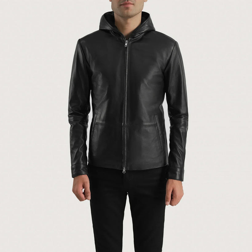 Men's Andy Matte Black Hooded Leather Jacket in Matte Black Sheepskin Leather - Front Profile View & Tailored Silhouette | Buy Online