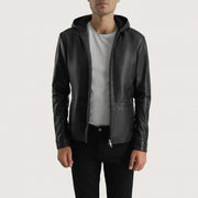 Men's Andy Matte أسود Hooded جاكيت جلد رجالي - Lateral Side Profile View Showing Sleeve Cut &amp; Athletic Taper Fit