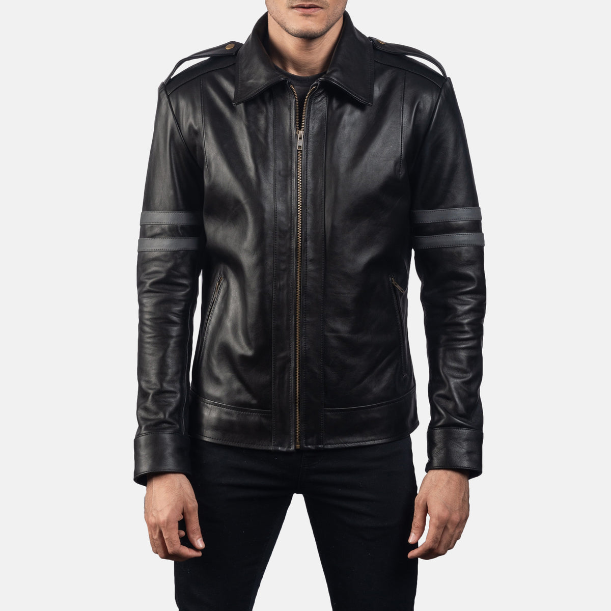 Armstrong أسود جاكيت بايكر جلد رجالي in Black Cowhide Leather - Front Profile View &amp; Tailored Silhouette | Buy Online