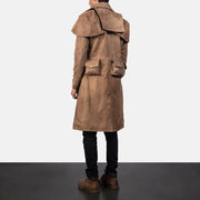 Men's Army بني Leather Duster رجالي - Lateral Side Profile View Showing Sleeve Cut &amp; Athletic Taper Fit