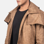 Close-Up Detail of Classic Collar &amp; Heavy-Duty Zipper Hardware on Men's Army بني Leather Duster رجالي