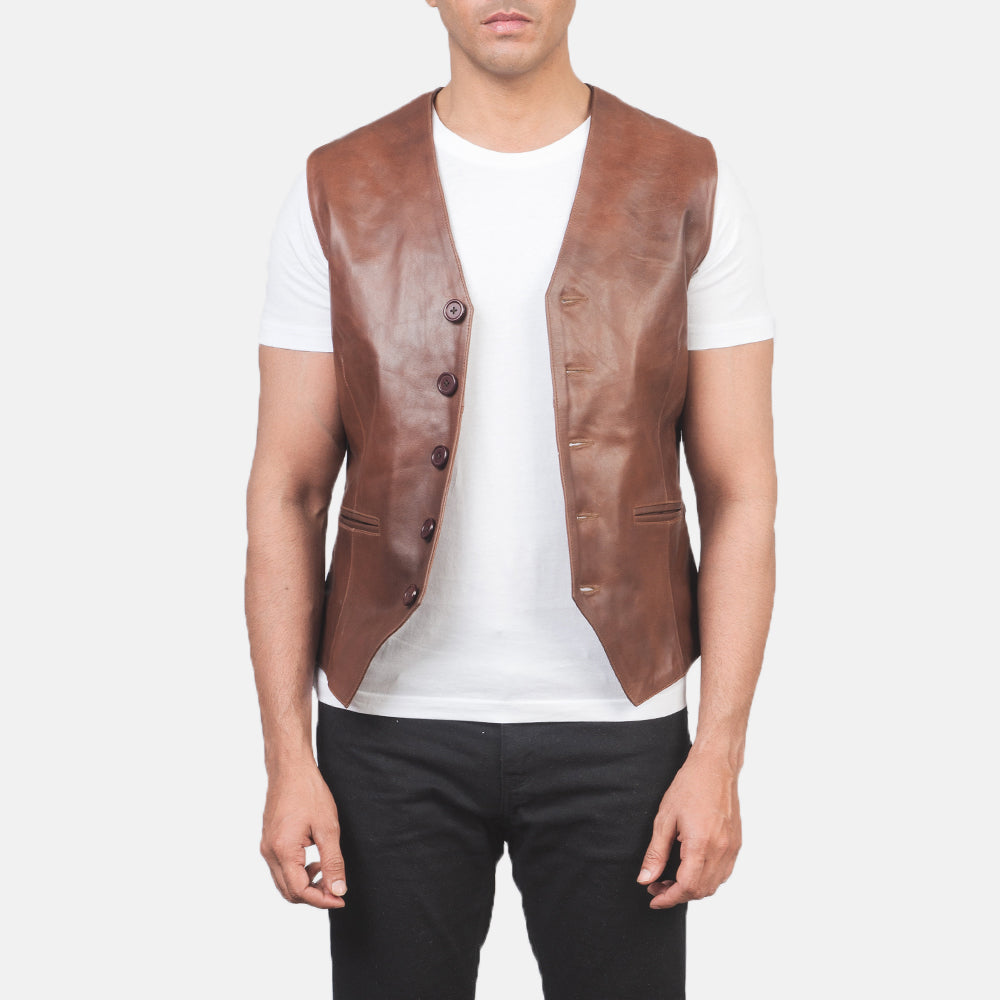 Men's Auden بني صديري جلد رجالي in Brown Cowhide Leather - Front Profile View &amp; Tailored Silhouette | Buy Online