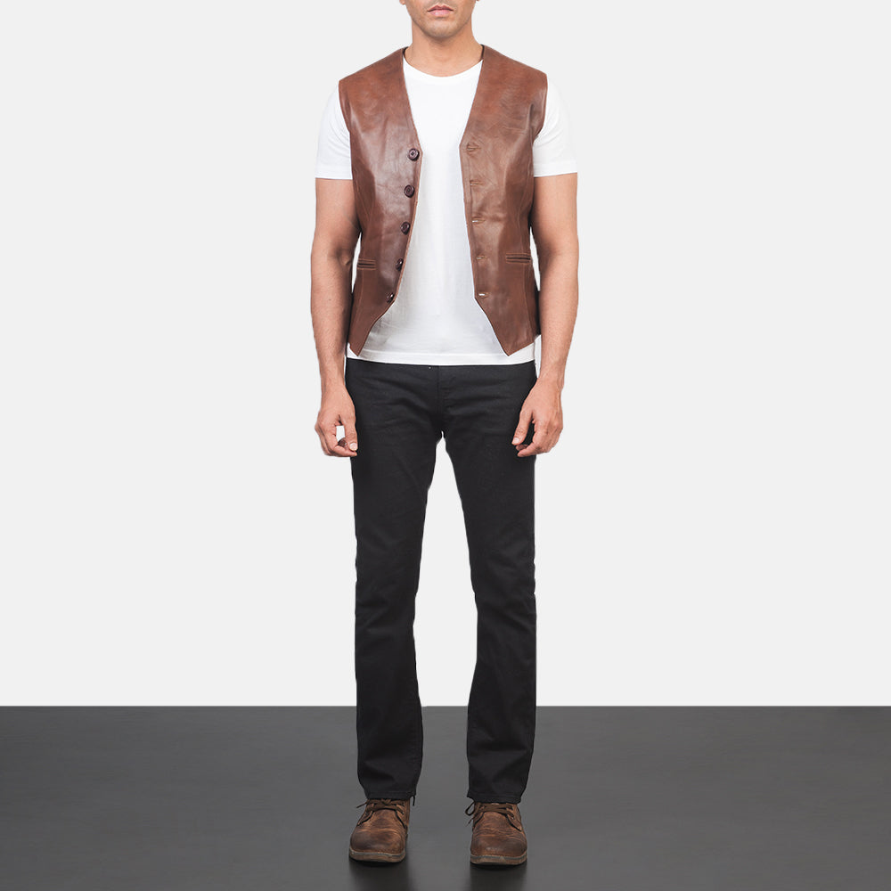 Men's Auden بني صديري جلد رجالي - Lateral Side Profile View Showing Sleeve Cut &amp; Athletic Taper Fit