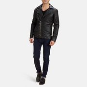 Men's أسود Studded جاكيت بايكر جلد رجالي - Lateral Side Profile View Showing Sleeve Cut &amp; Athletic Taper Fit