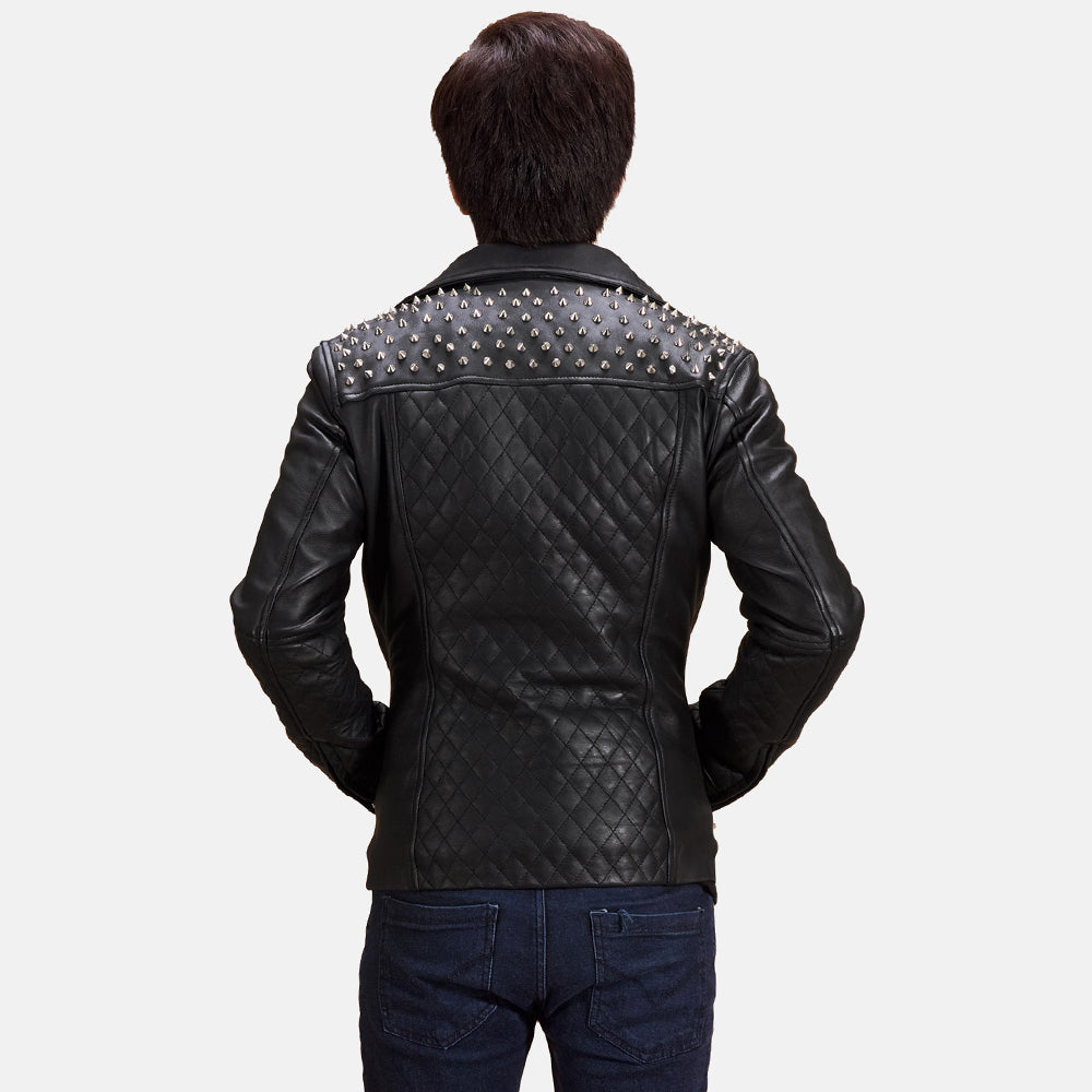 Close-Up Detail of Notch &amp; Zipper Hardware on Men's أسود Studded جاكيت بايكر جلد رجالي