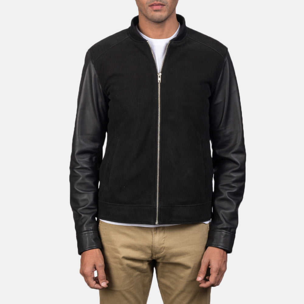 Men's Blain Brown Suede Bomber Jacket - Lateral Side Profile View Showing Sleeve Cut &amp; Athletic Taper Fit