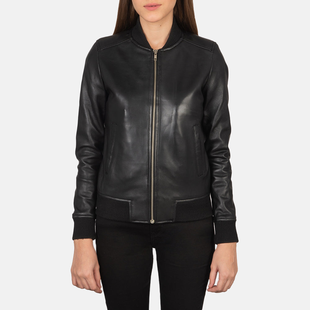 
تفاصيل مقربة of Varsity - Rib Knit & Zipper with Wind Flap Hardware on Bliss أسود جاكيت بومبر جلد نسائي
