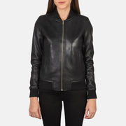 
تفاصيل مقربة of Varsity - Rib Knit & Zipper with Wind Flap Hardware on Bliss أسود جاكيت بومبر جلد نسائي