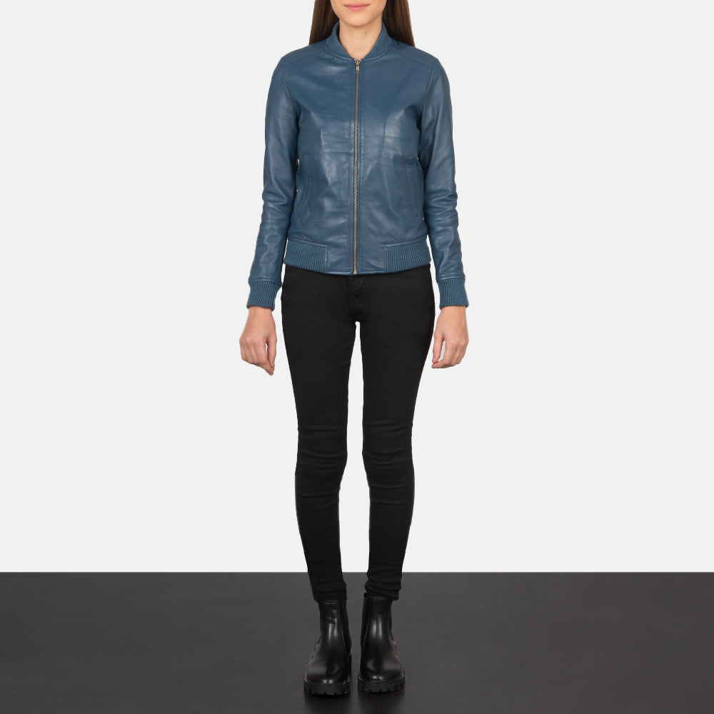 Women's Bliss أزرق جاكيت بومبر جلد نسائي - Lateral Side Profile View Showing Sleeve Cut &amp; Athletic Taper Fit