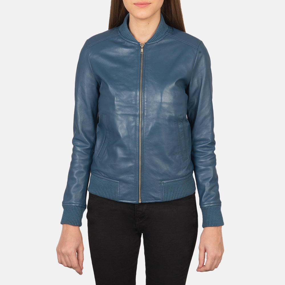 Close-Up Detail of Varsity - Rib Knit &amp; Zipper with Wind Flap Hardware on Women's Bliss أزرق جاكيت بومبر جلد نسائي
