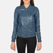 Close-Up Detail of Varsity - Rib Knit &amp; Zipper with Wind Flap Hardware on Women's Bliss أزرق جاكيت بومبر جلد نسائي