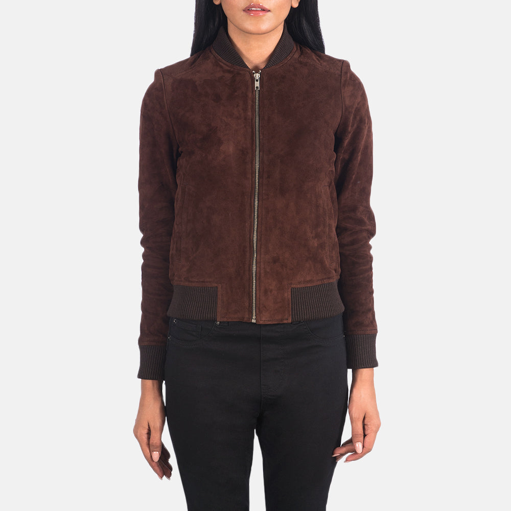 
تفاصيل مقربة of Varsity - Rib Knit & Zipper with Wind Flap Hardware on Bliss بني Suede جاكيت بومبر جلد نسائي