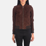 
تفاصيل مقربة of Varsity - Rib Knit & Zipper with Wind Flap Hardware on Bliss بني Suede جاكيت بومبر جلد نسائي