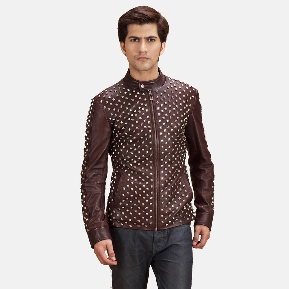 Blix Bono عنابي جاكيت بايكر جلد رجالي in Maroon Sheepskin Leather - Front Profile View &amp; Tailored Silhouette | Buy Online
