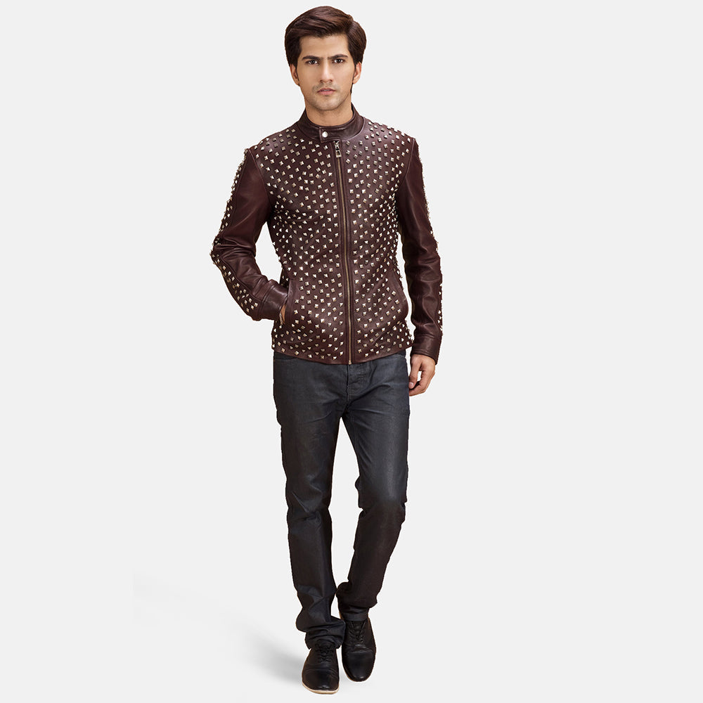 Blix Bono عنابي جاكيت بايكر جلد رجالي - Lateral Side Profile View Showing Sleeve Cut &amp; Athletic Taper Fit