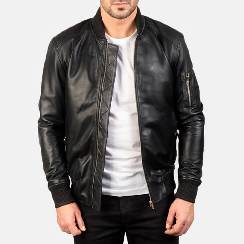 Men's Bomia Ma-1 Black Leather Bomber Jacket in Black Sheepskin Leather - Front Profile View & Tailored Silhouette | Buy Online