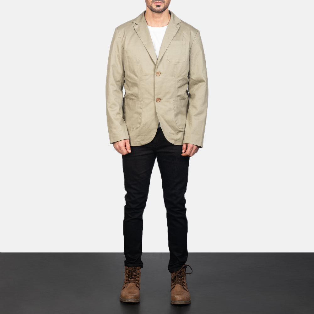 Borges Beige بليزر جلد رجالي - Lateral Side Profile View Showing Sleeve Cut &amp; Athletic Taper Fit