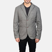 Close-Up Detail of Notch &amp; Button Hardware on Men's Grey Wool Blazer