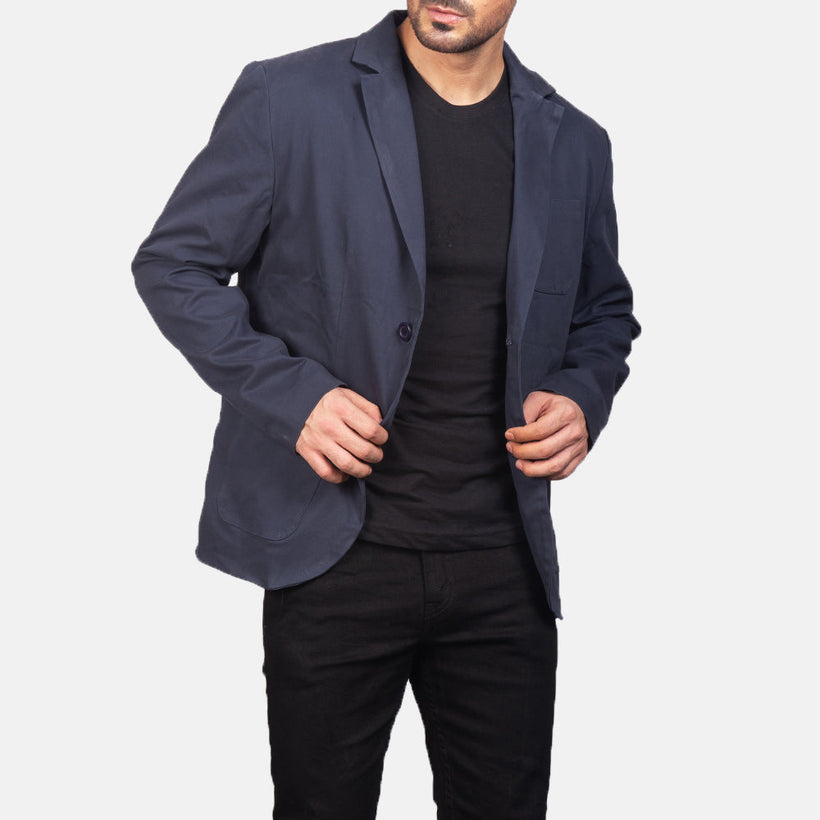 Navy Blue Poly-Cotton Leather Blazer - Back View Showing Tailored Shoulder Fit & Clean Hemline