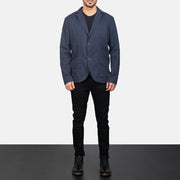 Borges Navy أزرق بليزر جلد رجالي - Lateral Side Profile View Showing Sleeve Cut &amp; Athletic Taper Fit