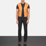 Men's Brandon بيج بني صديري جلد رجالي - Lateral Side Profile View Showing Sleeve Cut &amp; Athletic Taper Fit