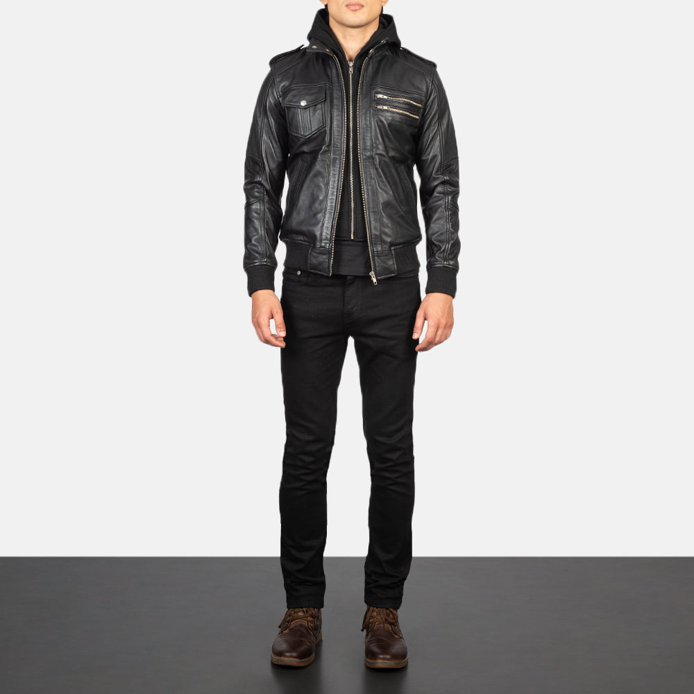 Men's Bravado Black Hooded Leather Bomber Jacket - Lateral Side Profile View Showing Sleeve Cut &amp; Athletic Taper Fit