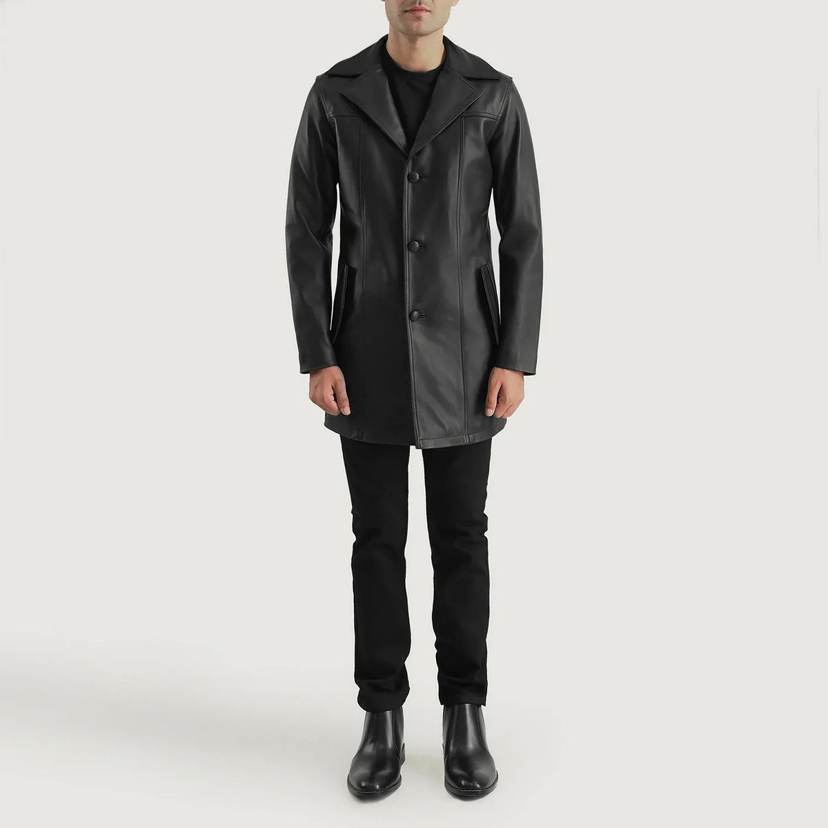 Brawnton أسود معطف جلد رجالي - Lateral Side Profile View Showing Sleeve Cut &amp; Athletic Taper Fit