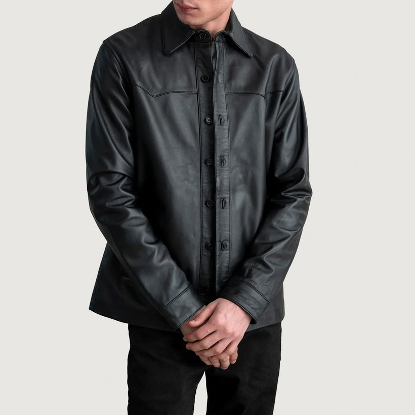Bronco أسود Leather Shirt رجالي