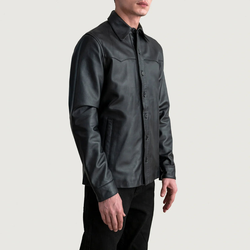 Bronco أسود Leather Shirt رجالي