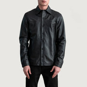 Bronco أسود Leather Shirt رجالي - Lateral Side Profile View Showing Sleeve Cut &amp; Athletic Taper Fit