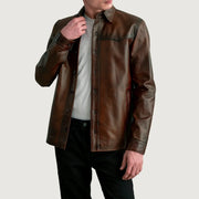 Bronco Distressed بني Leather Shirt رجالي in Distressed Brown Sheepskin Leather - Front Profile View &amp; Tailored Silhouette | Buy Online