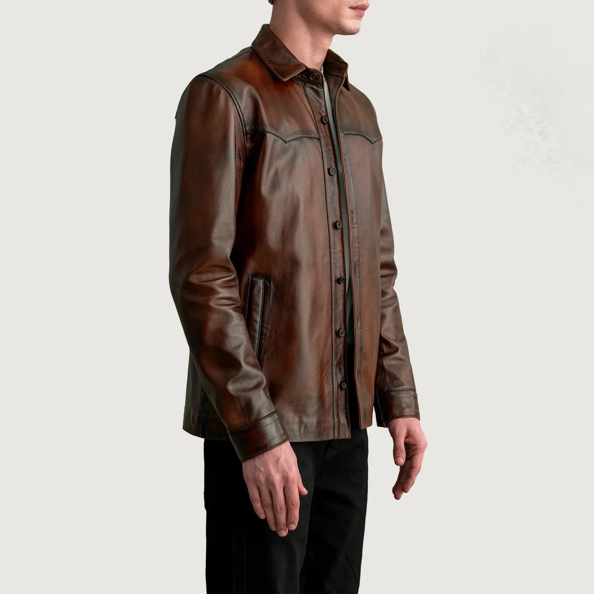 Distressed Brown Sheepskin leather Jacket - Back View Showing Tailored Shoulder Fit &amp; Clean Hemline