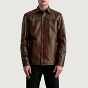 Bronco Distressed بني Leather Shirt رجالي - Lateral Side Profile View Showing Sleeve Cut &amp; Athletic Taper Fit