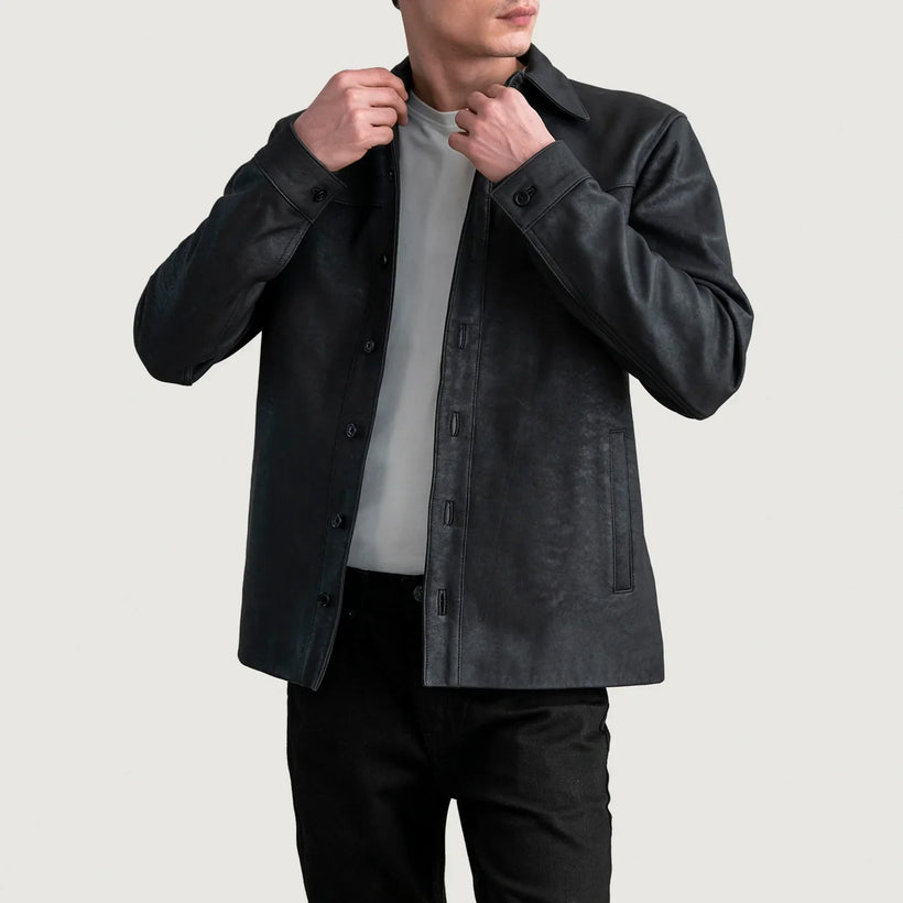 Bronco Tumbled أسود Leather Shirt رجالي