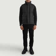 Bryan أسود Puffer Vest رجالي - Lateral Side Profile View Showing Sleeve Cut &amp; Athletic Taper Fit