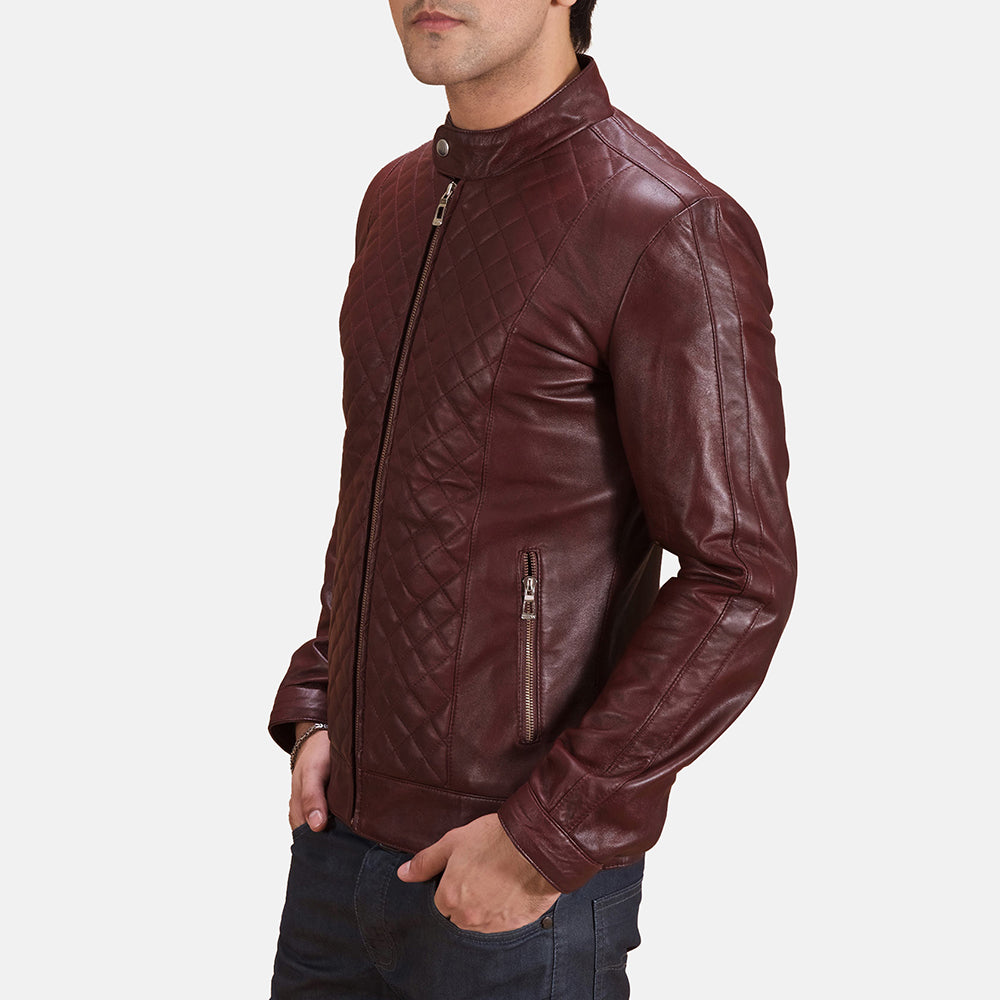 Maroon Sheepskin Leather Biker Jacket - Back View Showing Tailored Shoulder Fit &amp; Clean Hemline