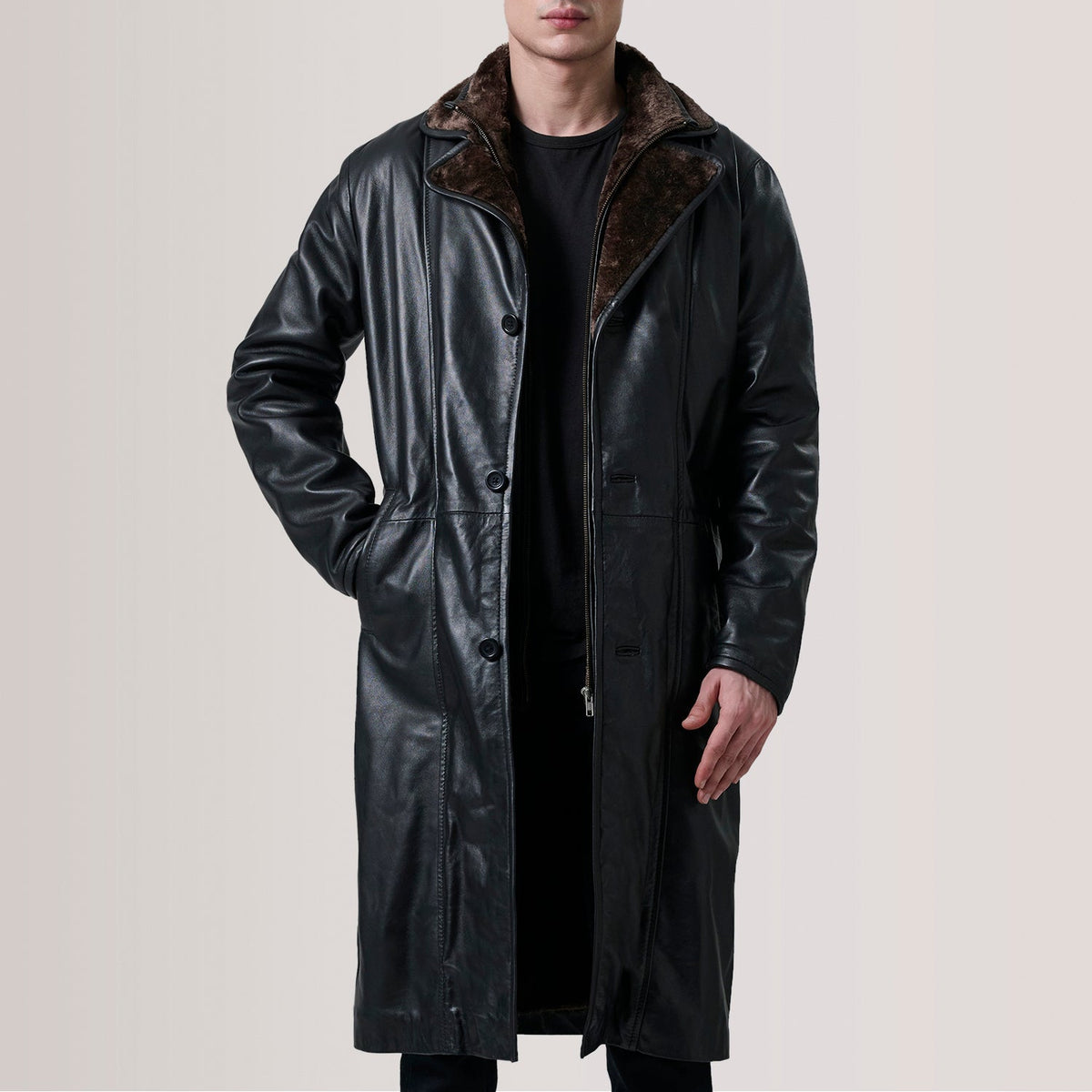 Cai أسود Leather Shearling معطف جلد رجالي For Men in Black Sheepskin Leather - Front Profile View &amp; Tailored Silhouette | Buy Online