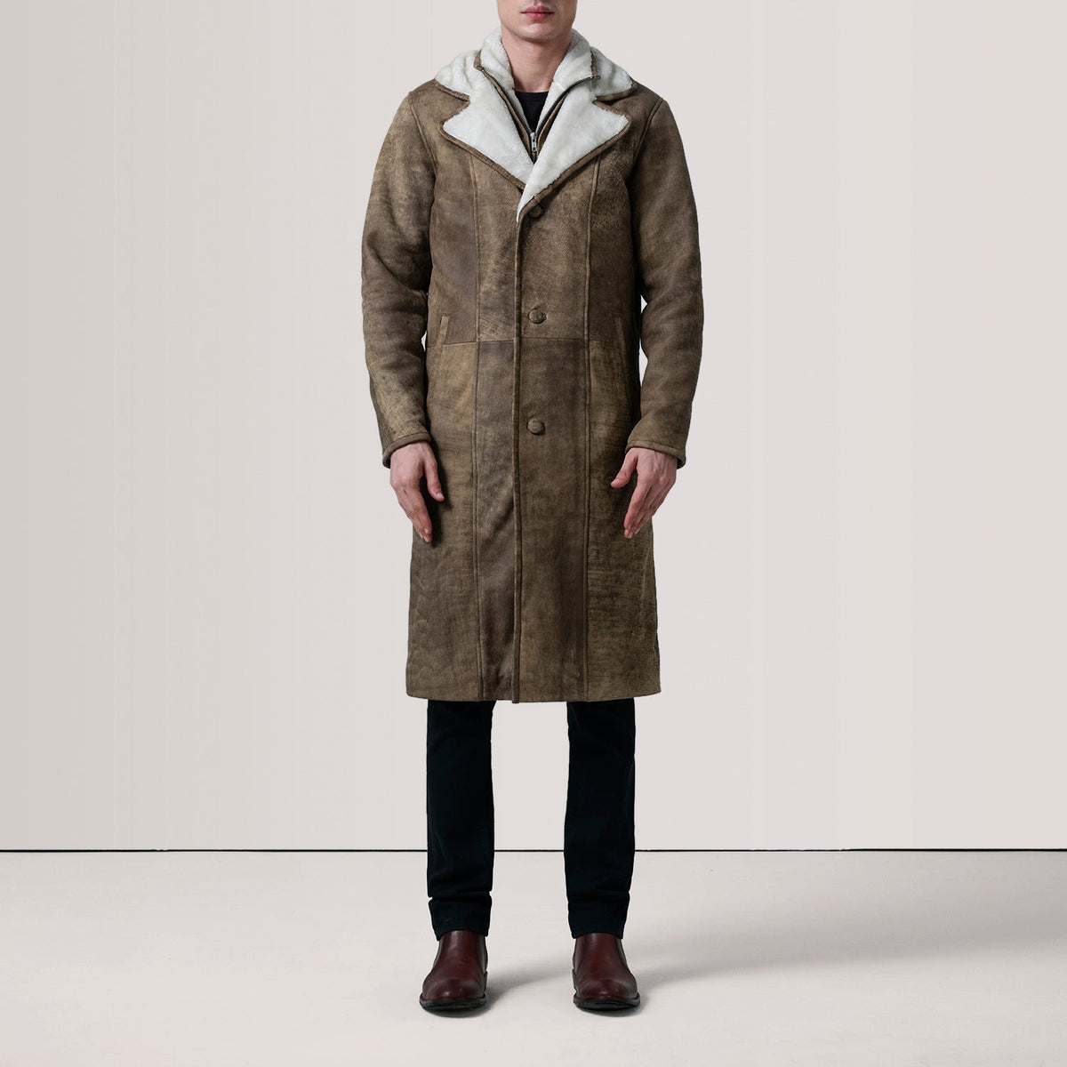 Distressed Brown Sheepskin Snuffed Aviator Jacket - Back View Showing Tailored Shoulder Fit &amp; Clean Hemline
