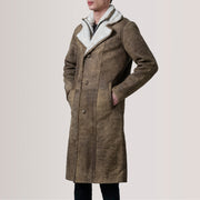 Cai Distressed بني Leather Shearling معطف جلد رجالي For Men - Lateral Side Profile View Showing Sleeve Cut &amp; Athletic Taper Fit