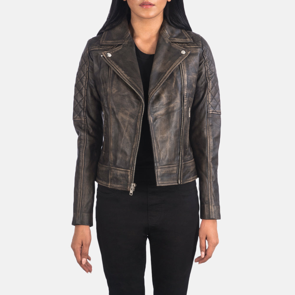 
Carolyn Quilted Distressed Brown Biker Jacket in Distressed Brown Goatskin Leather - عرض أمامي وقَصّة مفصلة أنيقة | شراء أونلاين عبر المتجر الرسمي