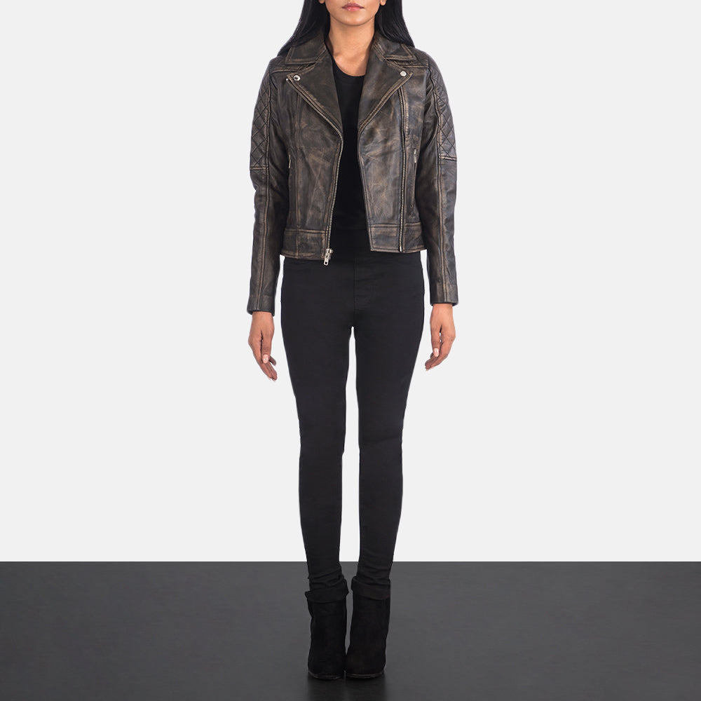 
Carolyn Quilted Distressed Brown Biker Jacket - عرض جانبي يوضح قَصّة الأكمام المريحة