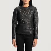 Women's Celeste Studded أسود جاكيت جلد نسائي in Black Sheepskin Leather - Front Profile View &amp; Tailored Silhouette | Buy Online
