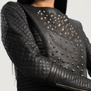 Women's Celeste Studded أسود جاكيت جلد نسائي - Lateral Side Profile View Showing Sleeve Cut &amp; Athletic Taper Fit