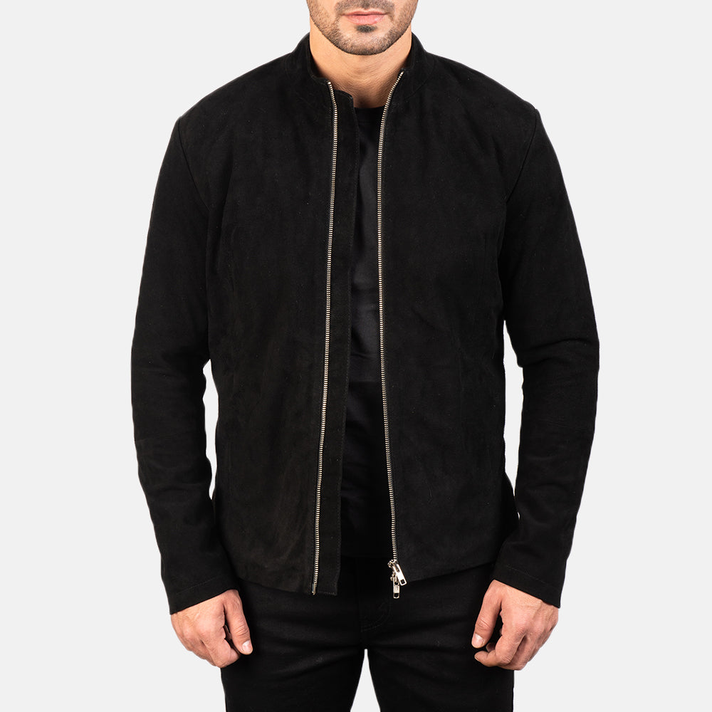 Men's Charcoal أسود Suede جاكيت بايكر جلد رجالي in Black Goatskin Suede - Front Profile View &amp; Tailored Silhouette | Buy Online