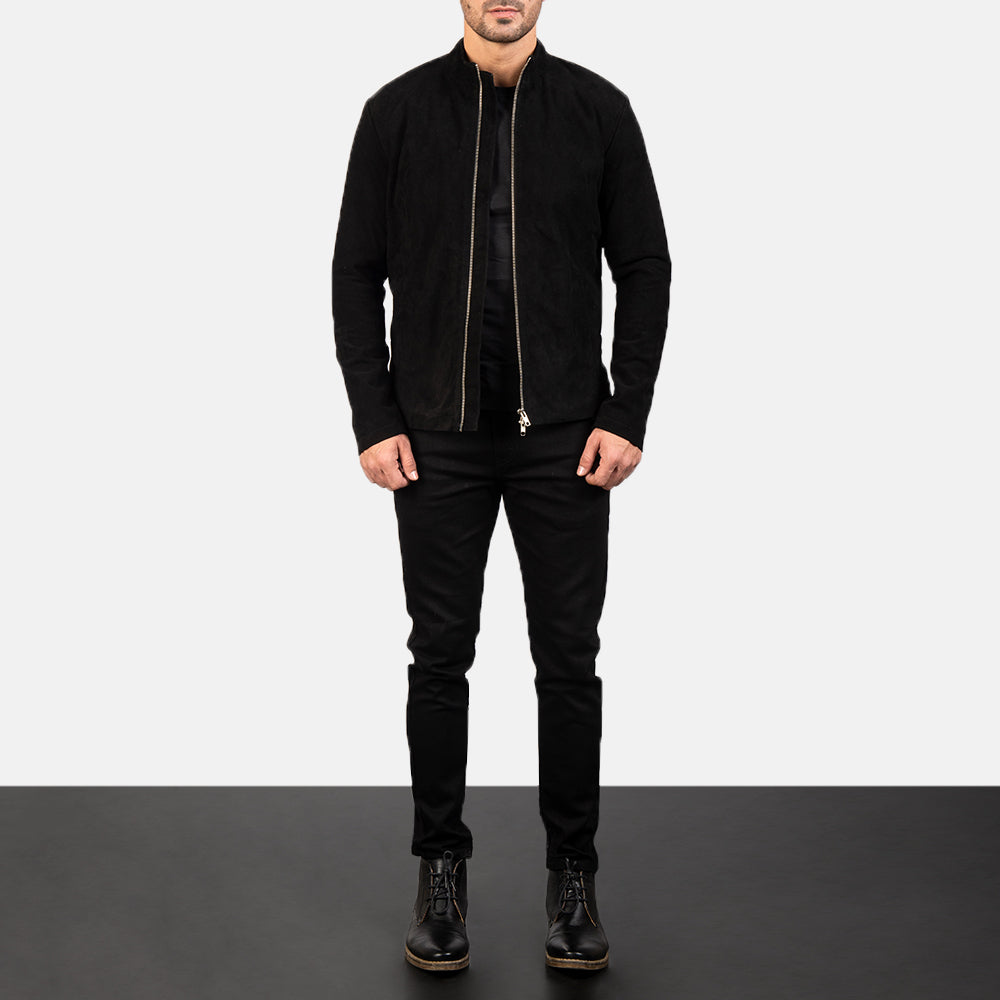 Men's Charcoal أسود Suede جاكيت بايكر جلد رجالي - Lateral Side Profile View Showing Sleeve Cut &amp; Athletic Taper Fit